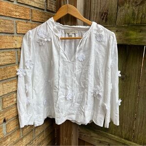 LOFT White Floral Appliqué Linen Blend Blouse